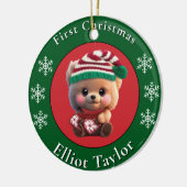 Christmas cute teddy bear cub red green lights  セラミックオーナメント (左)
