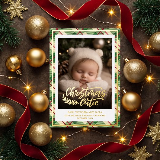Christmas Cutie | Baby Photo Plaid Holiday 箔シーズンカード