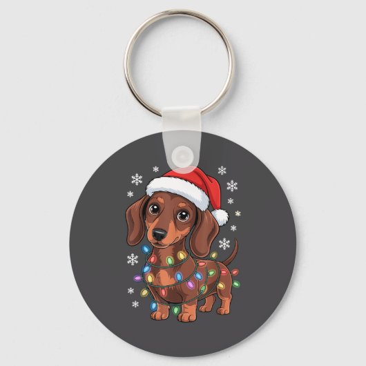 Christmas Dachshund Lights Santa Hat Holiday Dog L キーホルダー (正面)