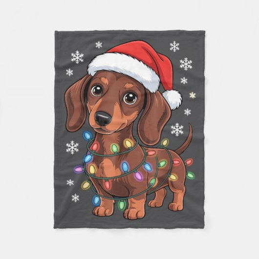 Christmas Dachshund Lights Santa Hat Holiday Dog L フリースブランケット (正面)