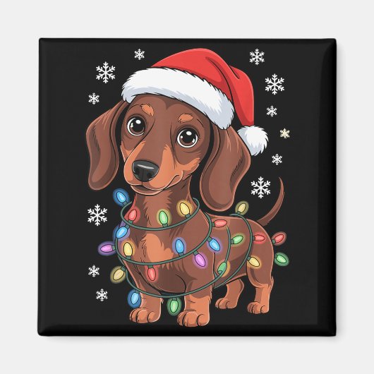 Christmas Dachshund Lights Santa Hat Holiday Dog L マグネット (正面)