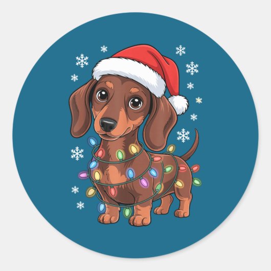 Christmas Dachshund Lights Santa Hat Holiday Dog L ラウンドシール (正面)