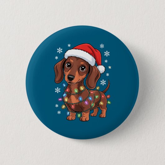 Christmas Dachshund Lights Santa Hat Holiday Dog L 缶バッジ (正面)