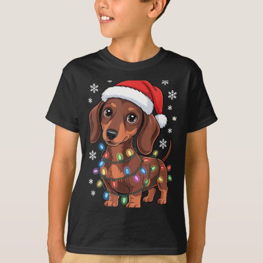 Christmas Dachshund Lights Santa Hat Holiday Dog L Tシャツ (正面)