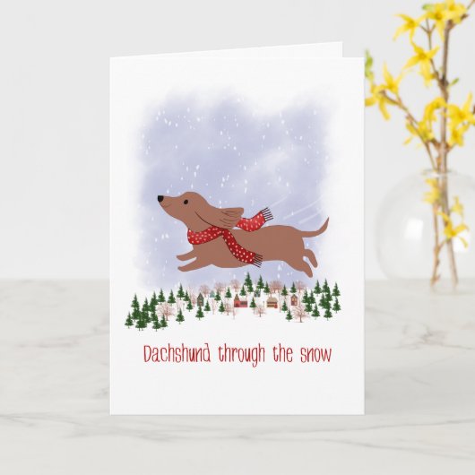 Christmas Dachshund Through the Snow カード (黄色い花)