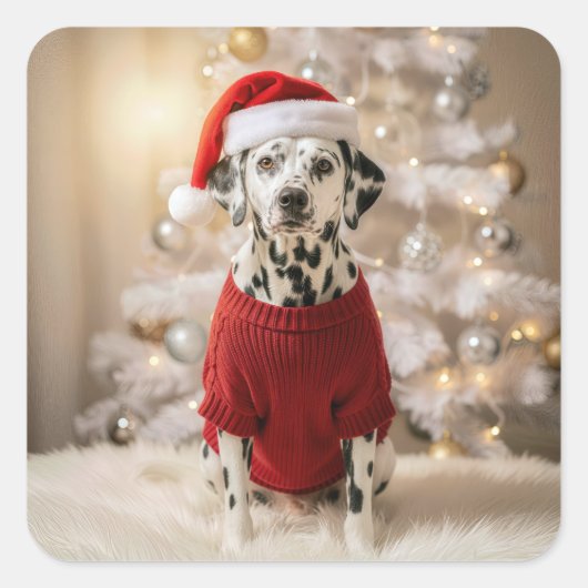 Christmas Dalmatian Dog In a Red Sweater スクエアシール (正面)