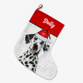Christmas Dalmatian Dog with Name Woof Background ラージクリスマスストッキング