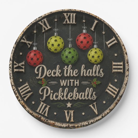 Christmas Deck the Halls with Pickleballs ペーパープレート (正面)
