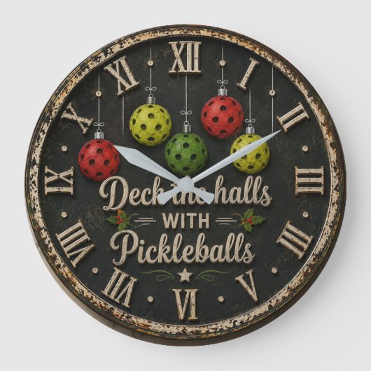 Christmas Deck the Halls with Pickleballs ラージ壁時計 (正面)