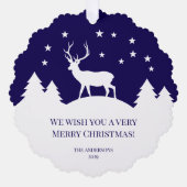 Christmas Deer Blue White Pine Trees Family Photo  オーナメントカード (正面)