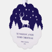 Christmas Deer Blue White Pine Trees Family Photo  オーナメントカード (左)