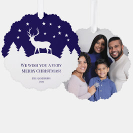 Christmas Deer Blue White Pine Trees Family Photo  オーナメントカード