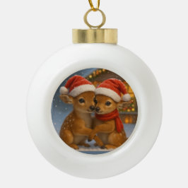 Christmas Deer Couple under Cozy Cabin Lights セラミックボールオーナメント
