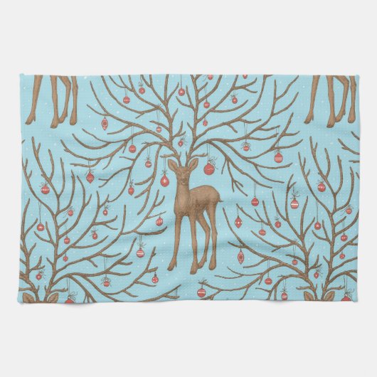 Christmas deer on blue キッチンタオル (横)