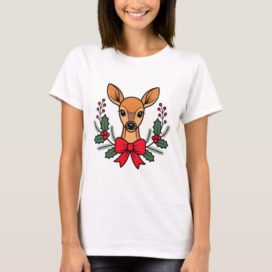 Christmas Deer with Red Bow Holly Wreath Holiday Tシャツ (正面)