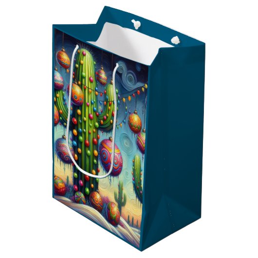 Christmas Desert Southwest Saguaro Cactus Seasonal ミディアムペーパーバッグ (正面アングル)