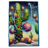 Christmas Desert Southwest Saguaro Cactus Seasonal ミディアムペーパーバッグ (正面)