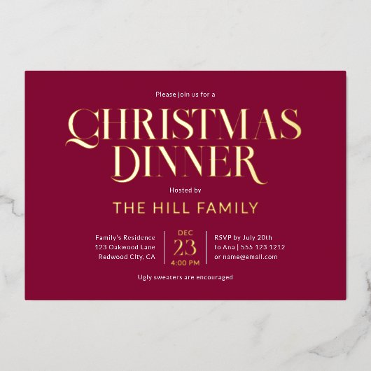 Christmas Dinner Elegant Red 箔招待状 (正面)