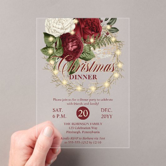Christmas Dinner - Floral Grapevine Lighted Wreath アクリル招待状 (インサイチュ (ポータブル))