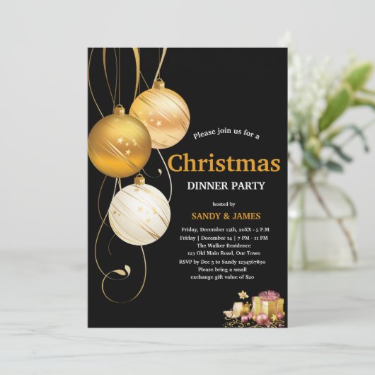 christmas dinner party black and gold baubles  招待状 (スタンド正面)