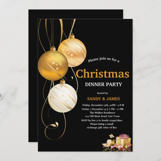 christmas dinner party black and gold baubles  招待状 (正面/裏面)