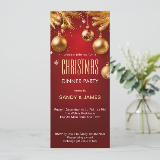 Christmas dinner party gold and red baubles 招待状 (スタンド正面)