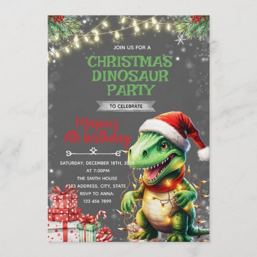 Christmas Dinosaur Birthday Invite 招待状 (正面)