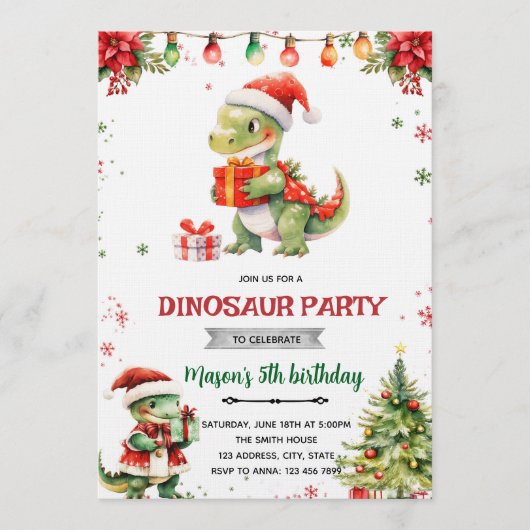 Christmas dinosaur party invitation 招待状 (正面)