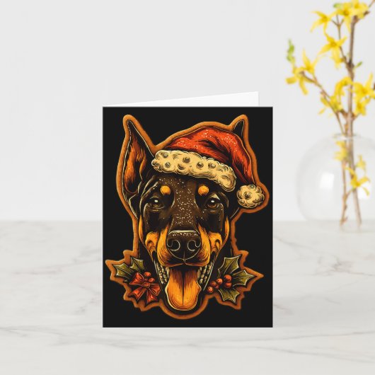 Christmas Doberman Dog With Santa Hat Gingerbread カード (黄色い花)