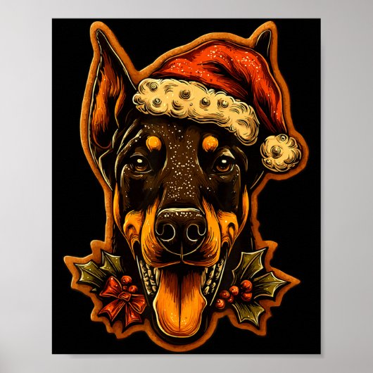 Christmas Doberman Dog With Santa Hat Gingerbread  ポスター (正面)