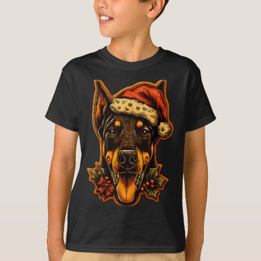 Christmas Doberman Dog With Santa Hat Gingerbread  Tシャツ (正面)