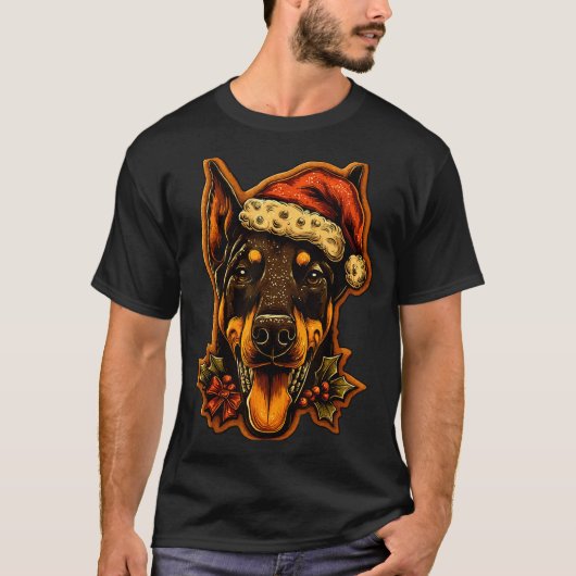 Christmas Doberman Dog With Santa Hat Gingerbread  Tシャツ (正面)