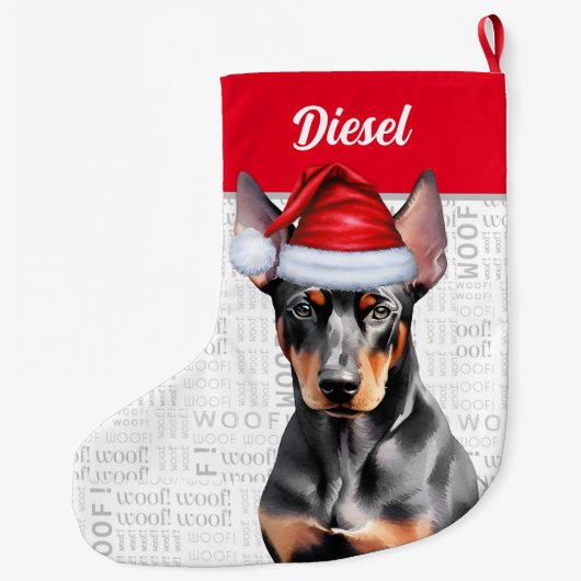 Christmas Doberman Pinscher Santa with Dog's Name ラージクリスマスストッキング (裏面)