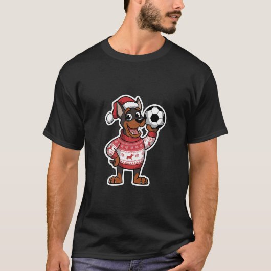 Christmas Doberman puppy with soccer ball Tシャツ (正面)