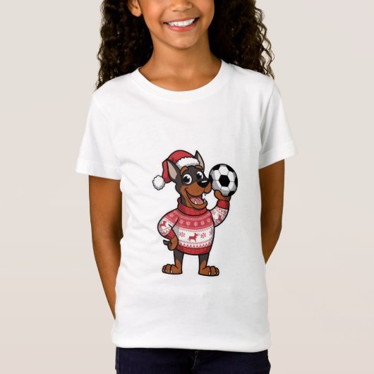 Christmas Doberman puppy with soccer ball Tシャツ (正面)