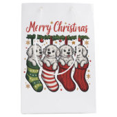 Christmas Dog Cute Puppies in Stockings Retro Xmas ミディアムペーパーバッグ (正面)