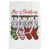 Christmas Dog Cute Puppies in Stockings Retro Xmas ミディアムペーパーバッグ (裏面)