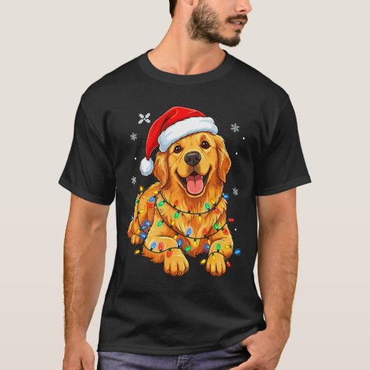 Christmas Dog Golden Retriever Lights Xmas  Tシャツ (正面)