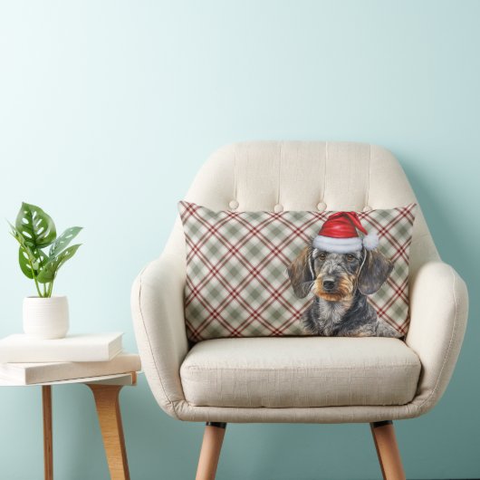 Christmas Dog Lover Wire Coated Dachshund Plaid ランバークッション (椅子)