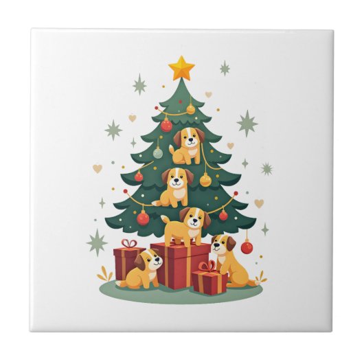Christmas Dog Tree T-Shirt Cute Funny Puppy Dogs X タイル (正面)