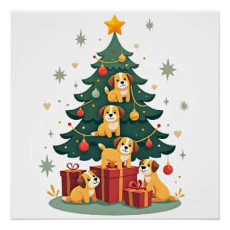 Christmas Dog Tree T-Shirt Cute Funny Puppy Dogs X ポスター