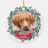 Christmas Dog Watercolor Wreath Personalized Photo セラミックオーナメント (裏面)