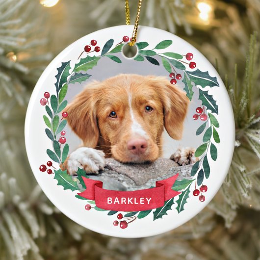 Christmas Dog Watercolor Wreath Personalized Photo セラミックオーナメント