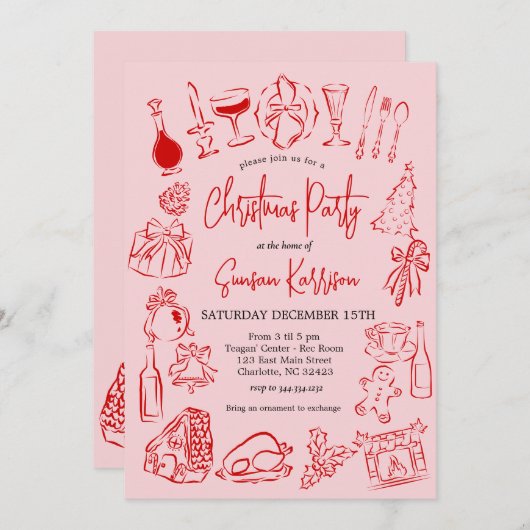 Christmas Doodle Invitation, Christmas Dinner 招待状 (正面/裏面)