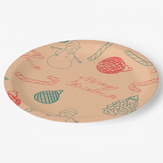 Christmas Doodle Pattern | Snowmen, Trees & Candy  ペーパープレート (アングル)