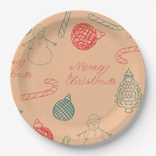 Christmas Doodle Pattern | Snowmen, Trees & Candy  ペーパープレート (正面)