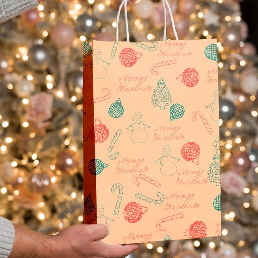 Christmas Doodle Pattern | Snowmen, Trees & Candy  ミディアムペーパーバッグ