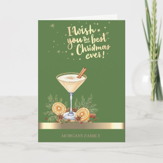 Christmas Drink Gold Stripe Green Holiday シーズンカード (正面)