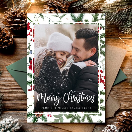 Christmas Elegant Botanical Photo Modern Holiday シーズンカード