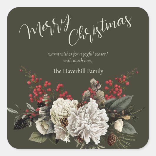 Christmas Elegant Floral Modern Script Family Name スクエアシール (正面)
